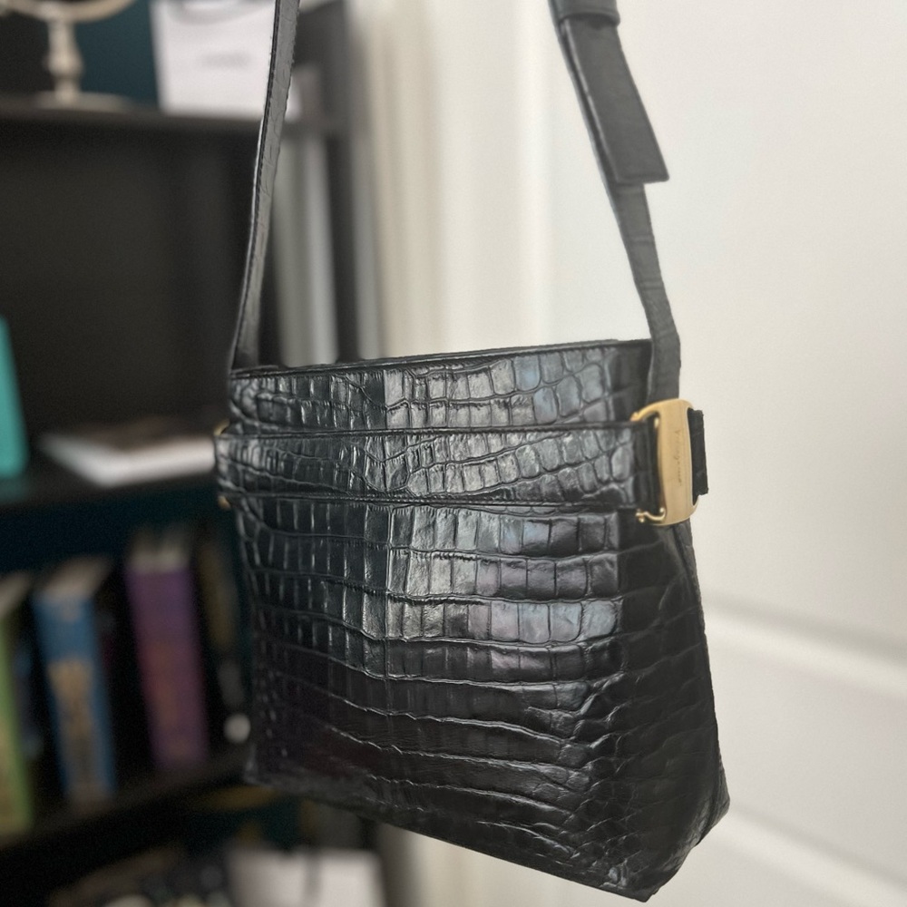 Salvatore Ferragamo Black Crocodile-Embossed Shoulder Bag